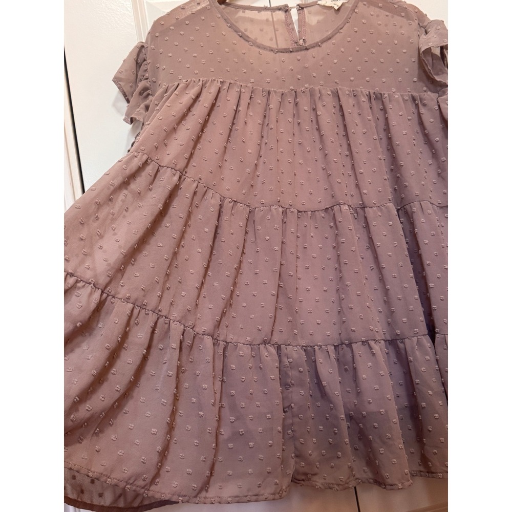 Entro Swiss Dot Tiered Babydoll Top Mauve Ruffle Sleeve Chiffon Blouse Small